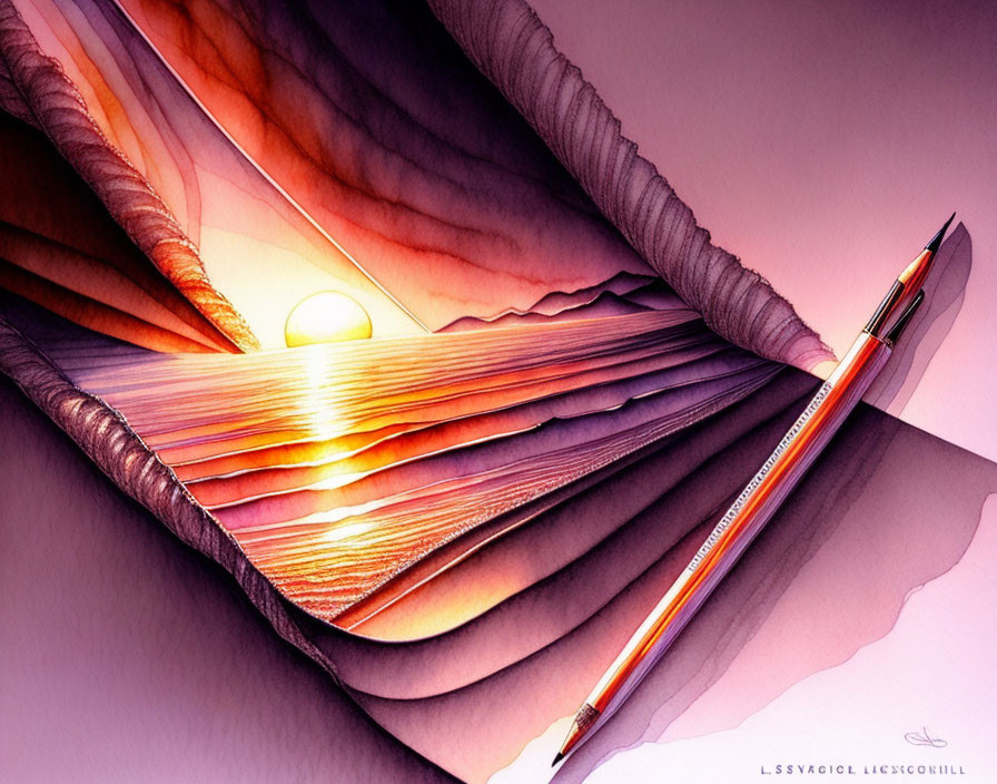 Surreal illustration: open book turns into ocean waves at sunset