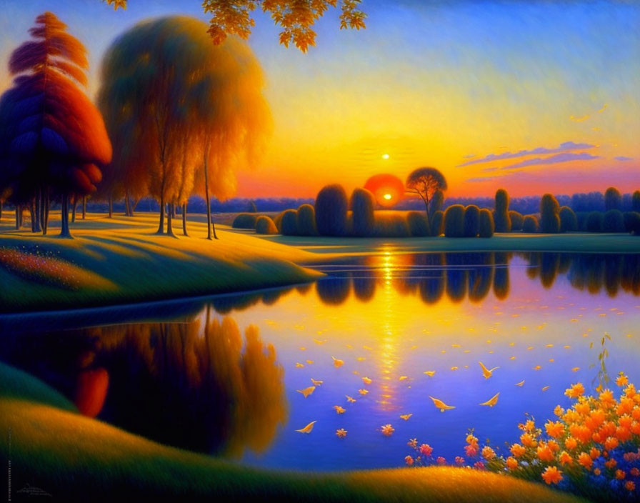 Scenic sunset painting with tranquil water, trees, flowers, and birds