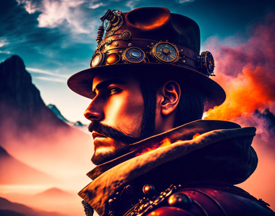 Steampunk man in decorated top hat and goggles with mountainous backdrop