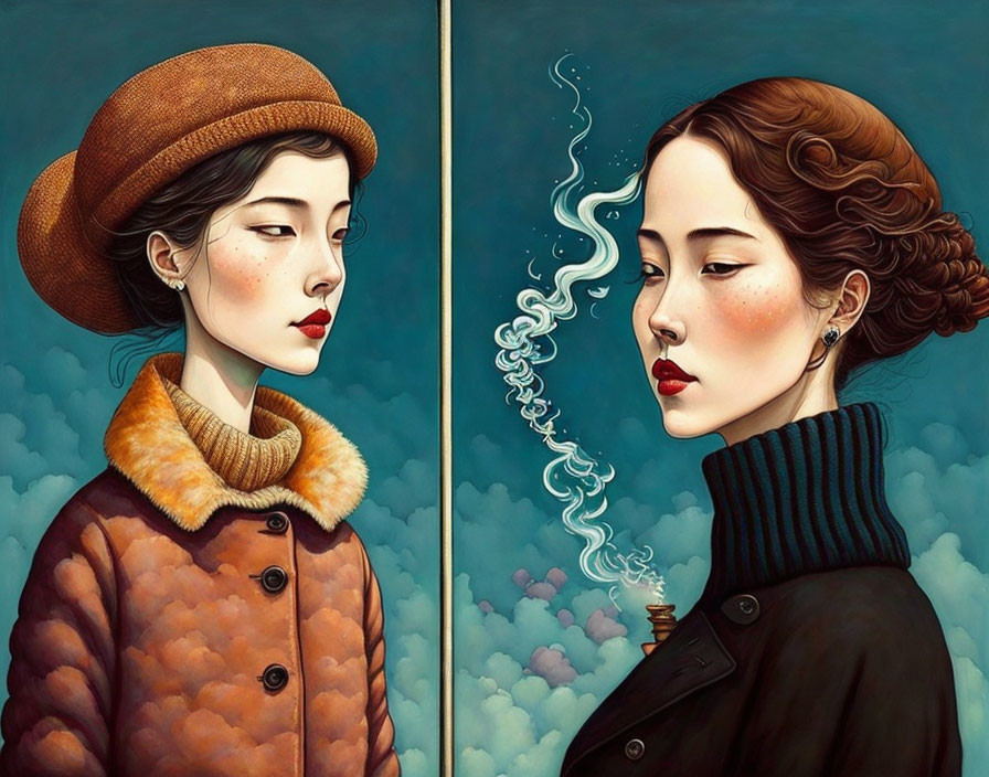 Split-image artwork: Two women in profile, one with hat and coat, the other with smoke above