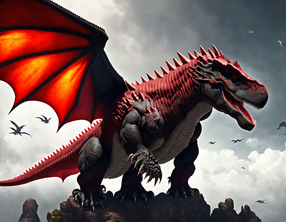 Detailed Red and White Dragon Artwork Against Moody Sky