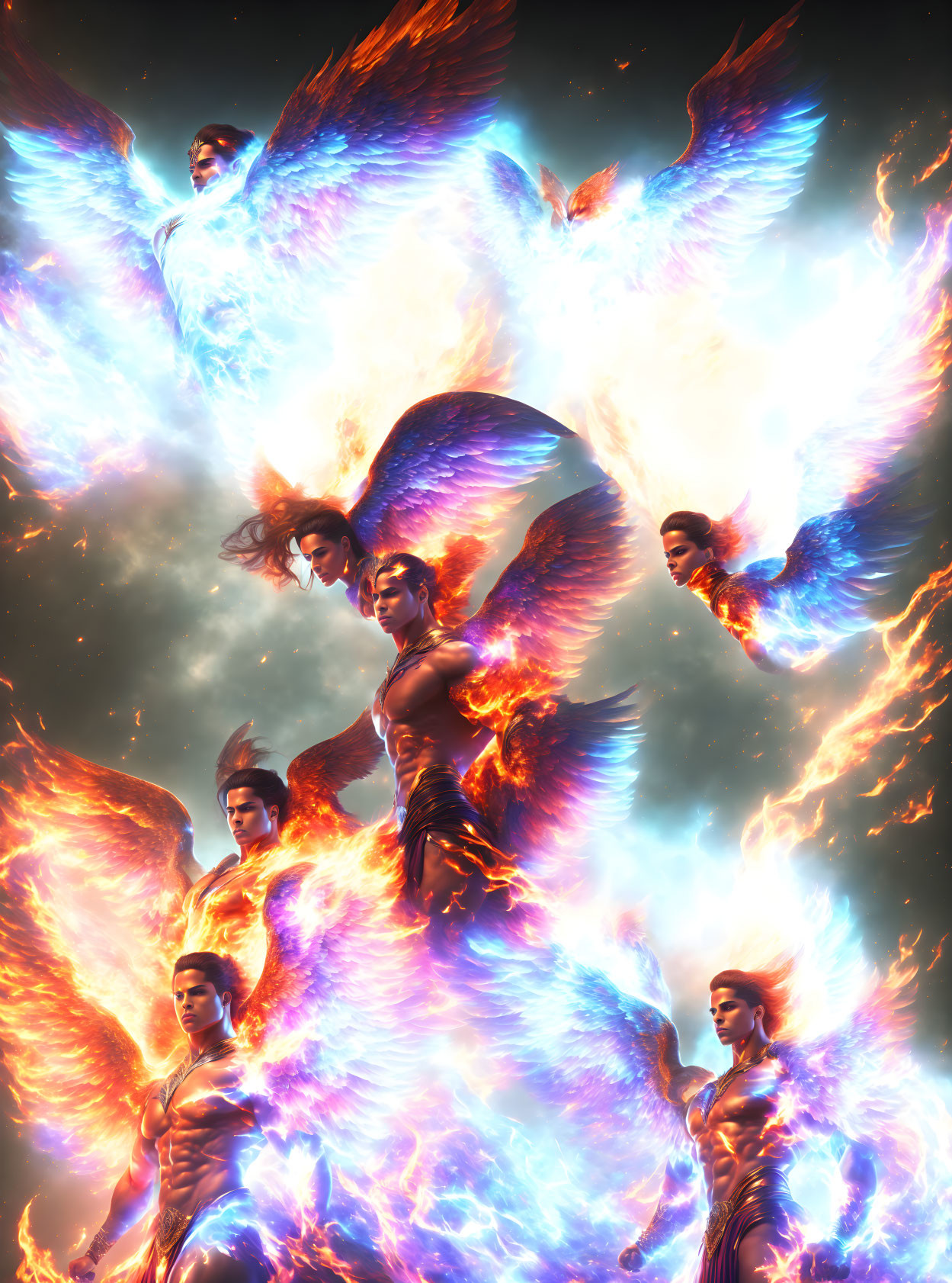 Fiery winged figures ascending in dark setting