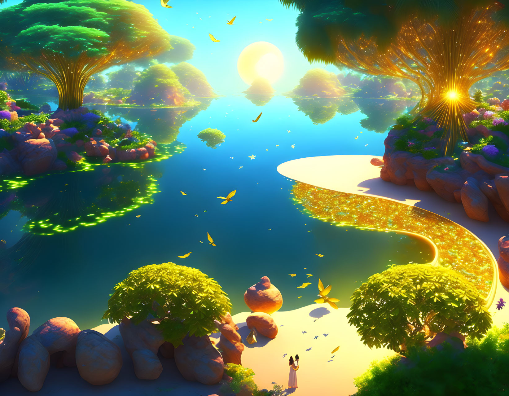 Fantasy landscape with river, trees, golden path, rocks, and glowing butterflies