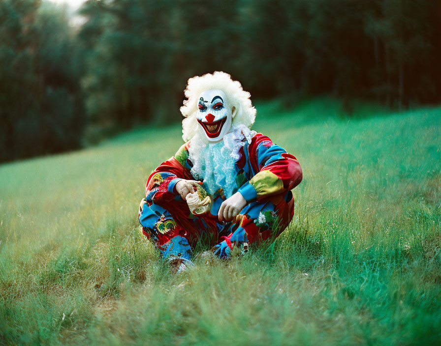 Colorful Clown Sitting on Grass with Tiny Trumpet and Trees