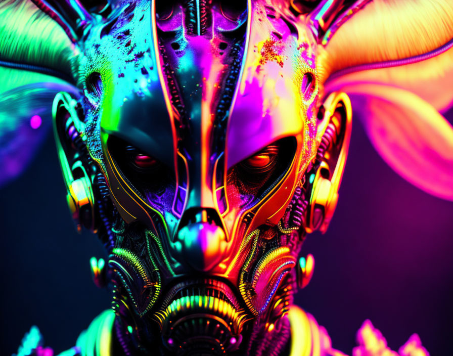 Colorful futuristic alien face art with neon details on dark backdrop