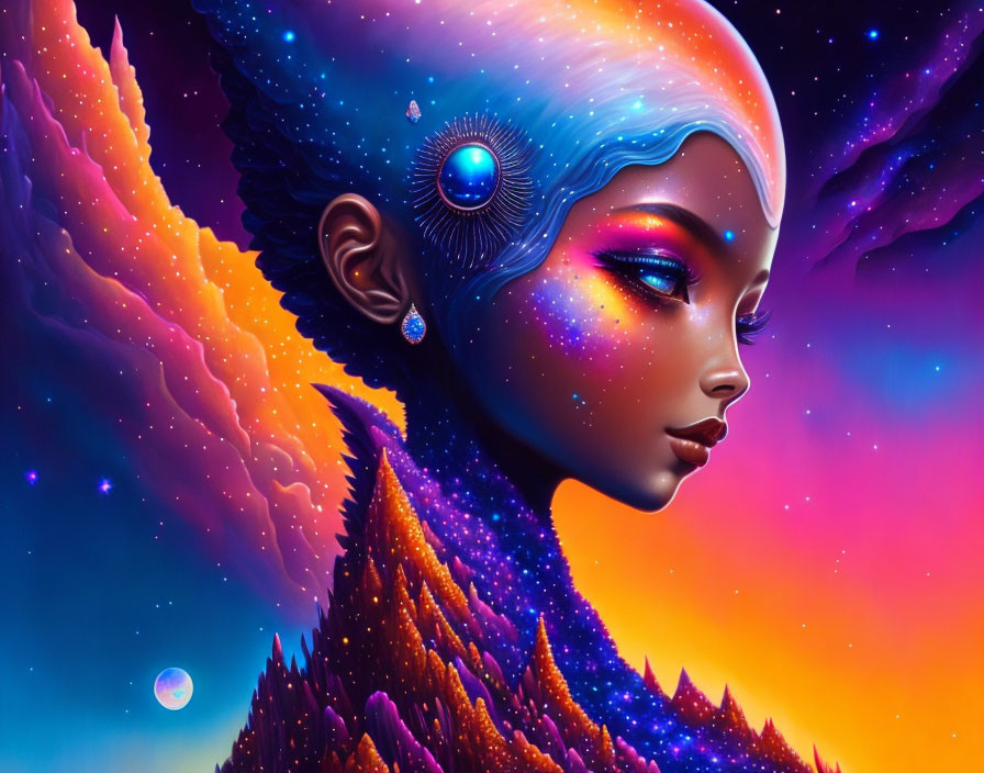 Digital artwork of woman with cosmic theme and starry sky skin, surreal landscape.