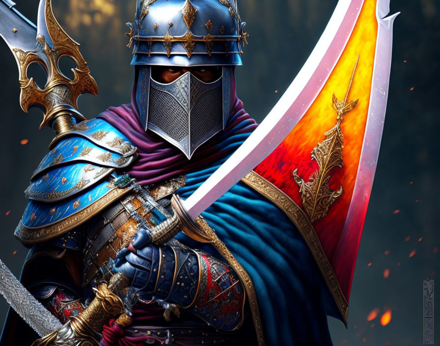 Ornate blue armored knight with flame-patterned sword and floating embers