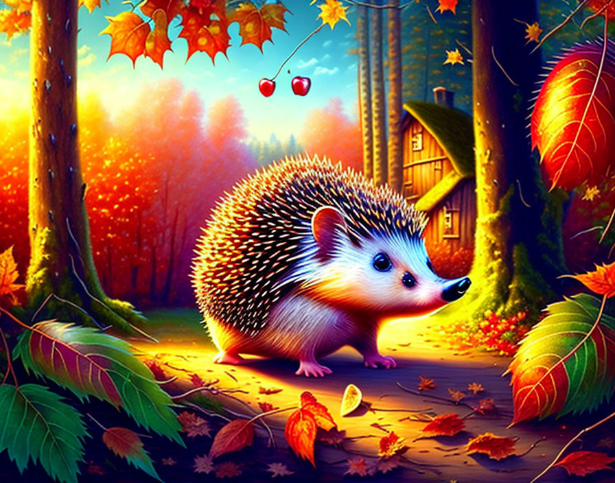 Colorful autumn scene with cute hedgehog and cottage