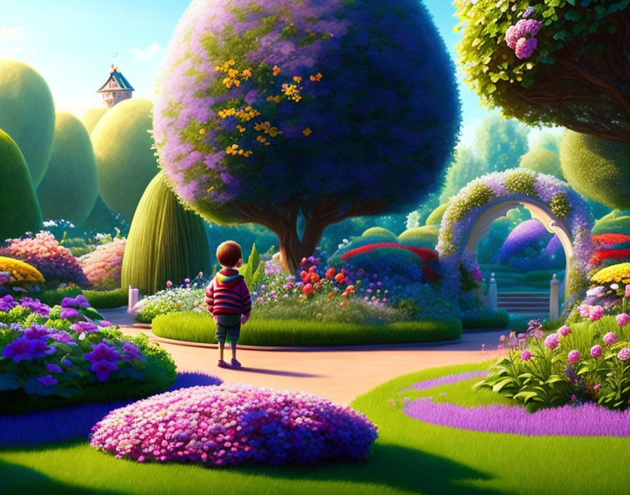 Child in Striped Shirt at Start of Colorful Garden Path