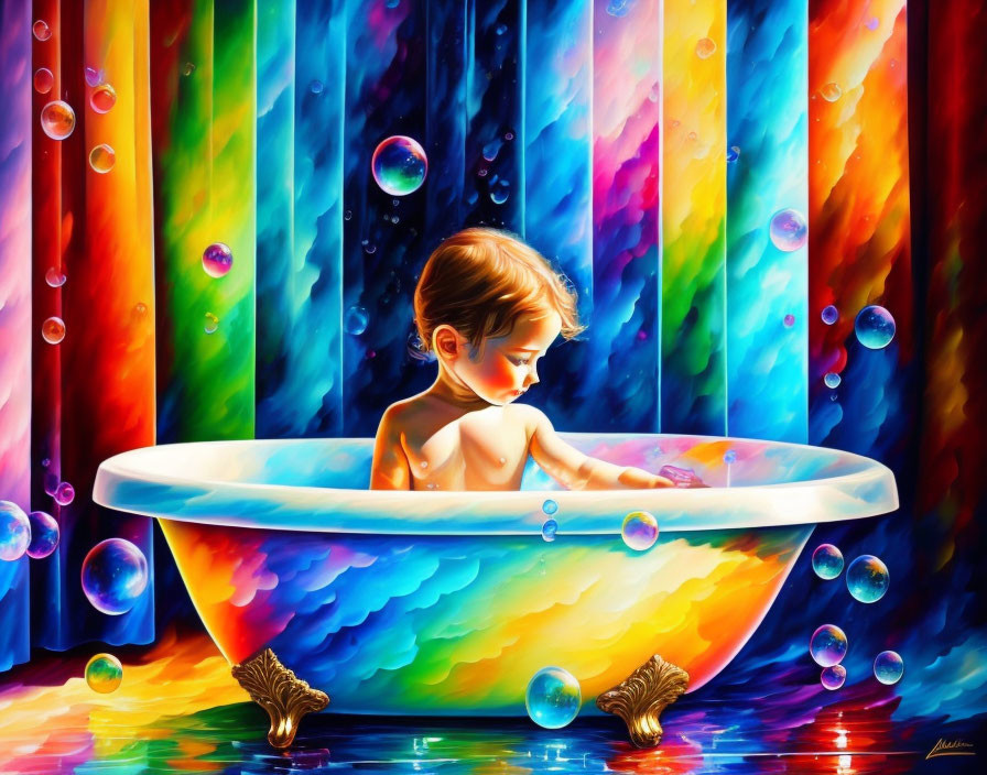 Vibrant Rainbow Artwork Featuring Child in Bathtub