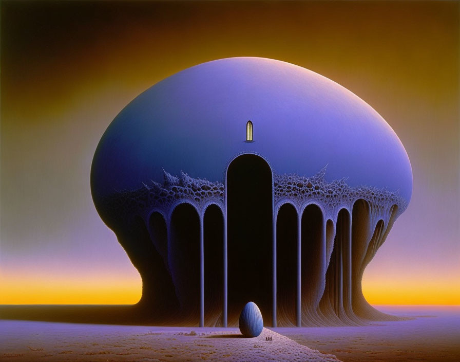 Surreal dome-shaped structure in desert landscape at dusk or dawn