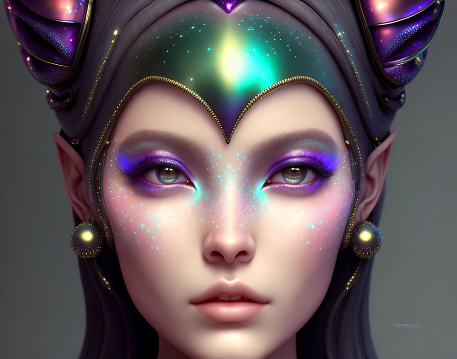 Fantasy character digital portrait with purple eye makeup and galaxy-themed headpiece