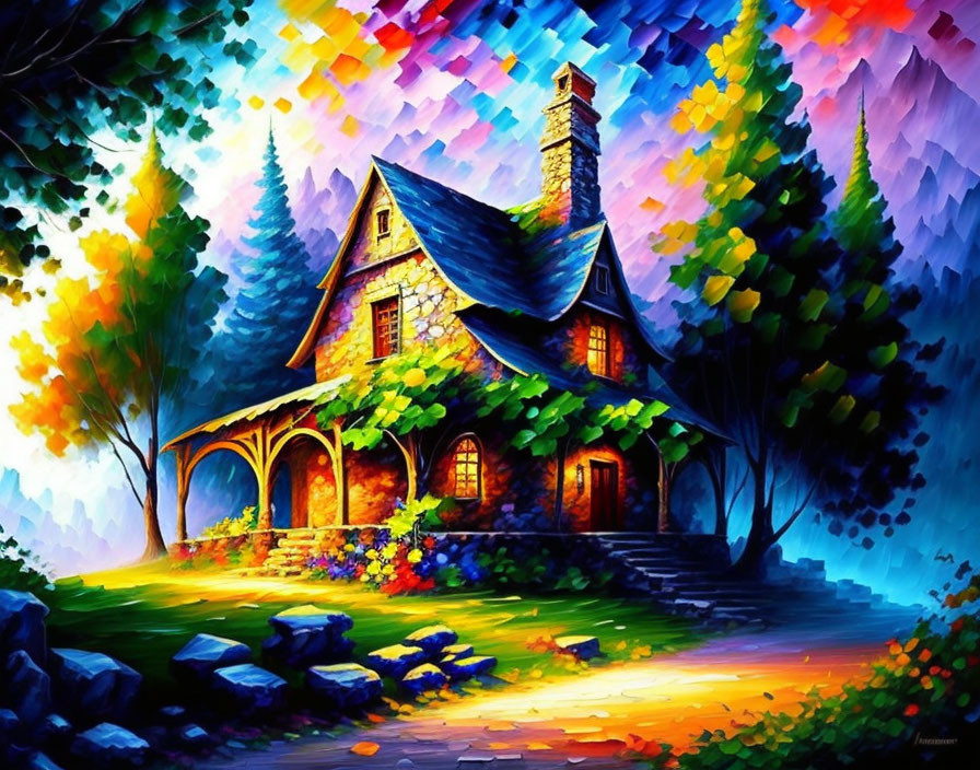 Colorful Painting of Cozy Cottage Surrounded by Nature