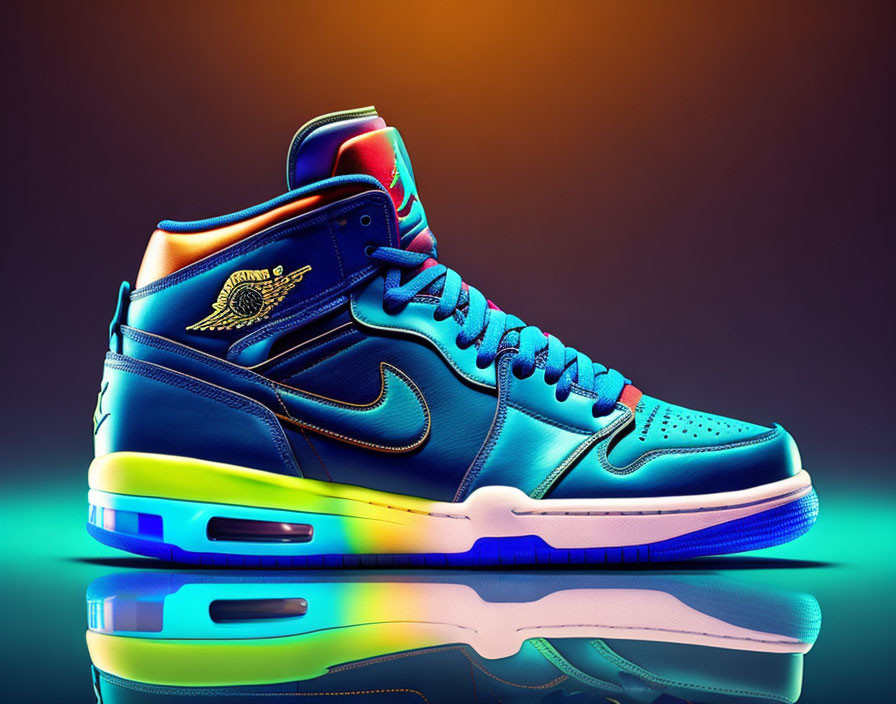 Bright blue and neon sneaker with wing logo on glossy surface against purple-orange gradient.