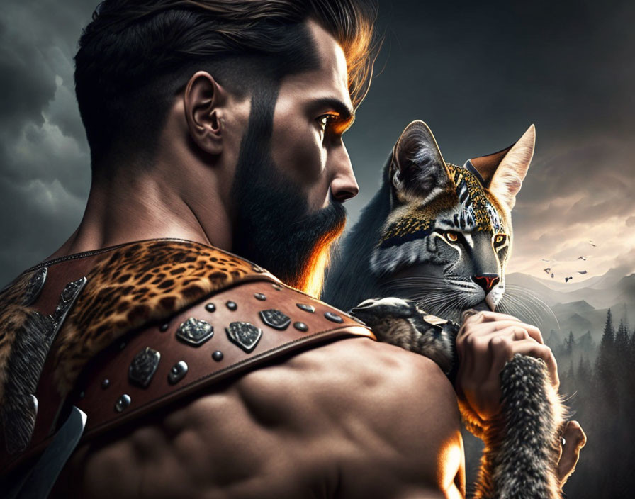 Digital artwork: Bearded man in warrior outfit with crowned cat against dramatic sky