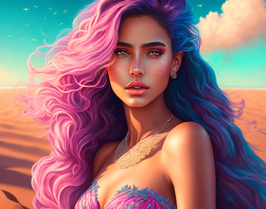 Portrait of woman with pink hair and green eyes on pastel beach with glitter and gold tattoo