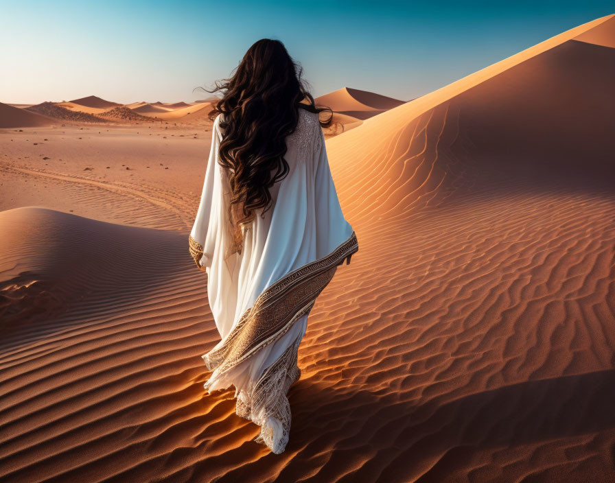 Long-haired person in white robe walking desert dunes under clear sky