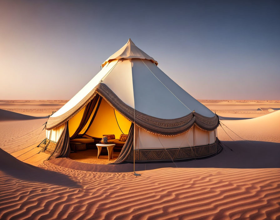 Luxurious tent with elegant furnishings in serene desert sunset