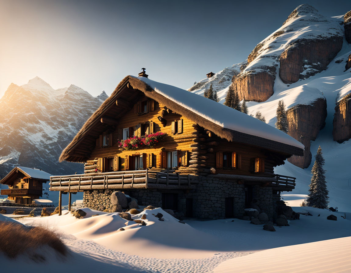 Snowy landscape with cozy log cabin and flower-filled balcony at sunset