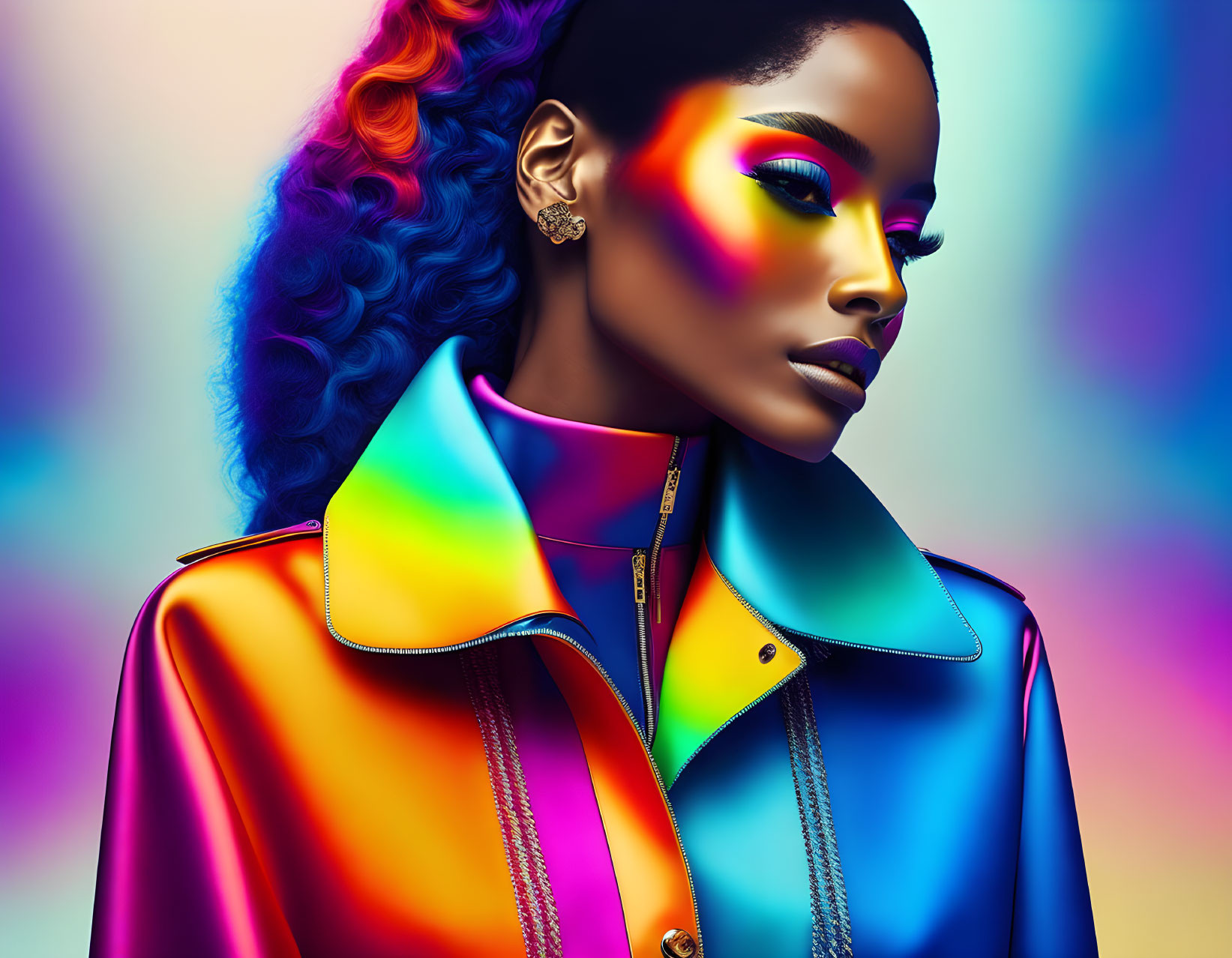 Vibrant makeup and blue hair on woman in colorful jacket