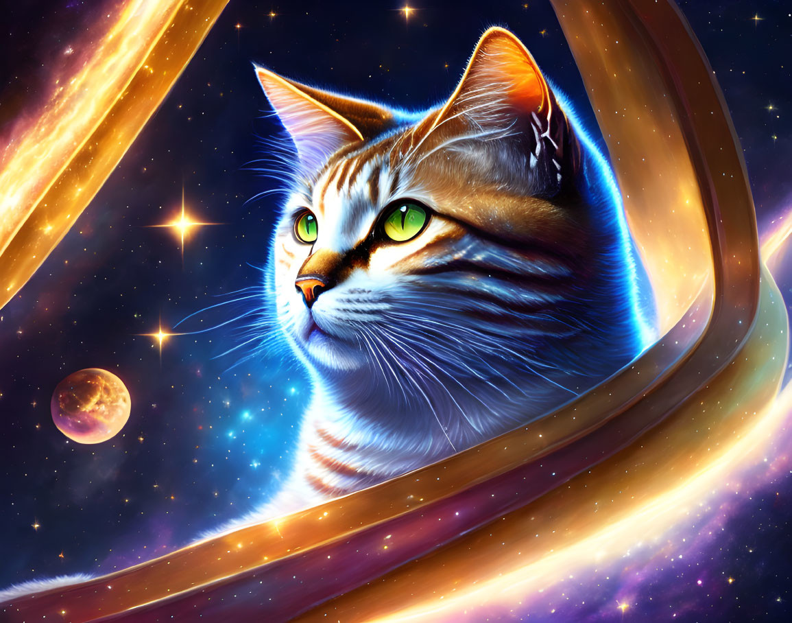 Cosmic cat digital artwork with swirling galaxies and celestial bodies