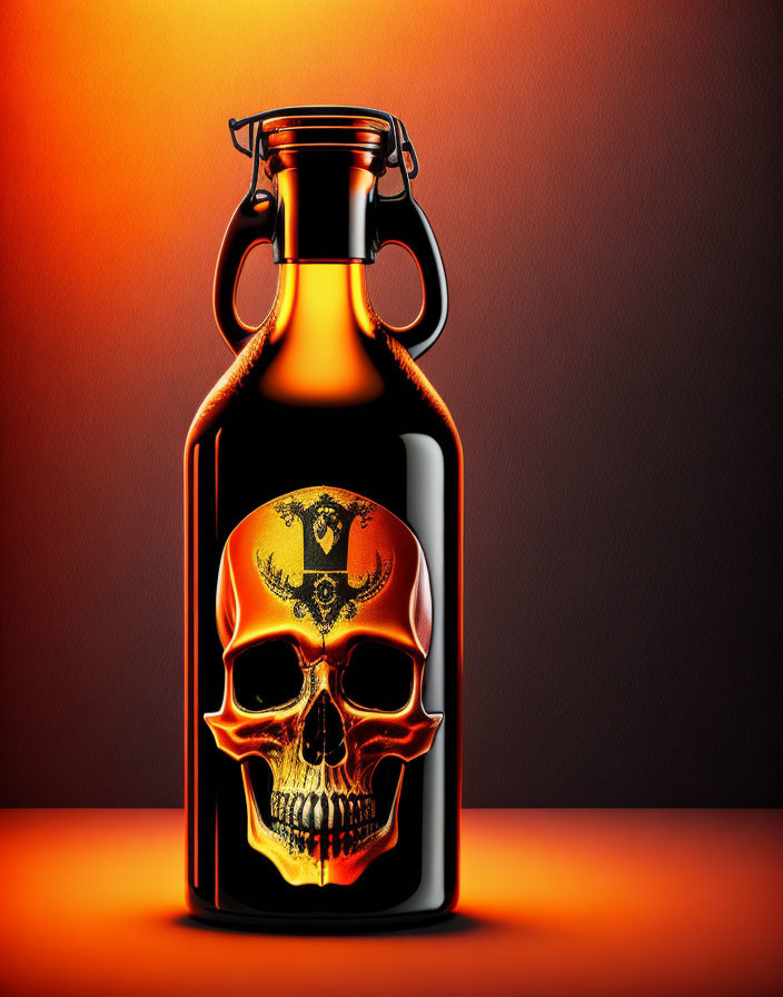 Dark Glass Bottle with Skull Label on Orange Gradient Background