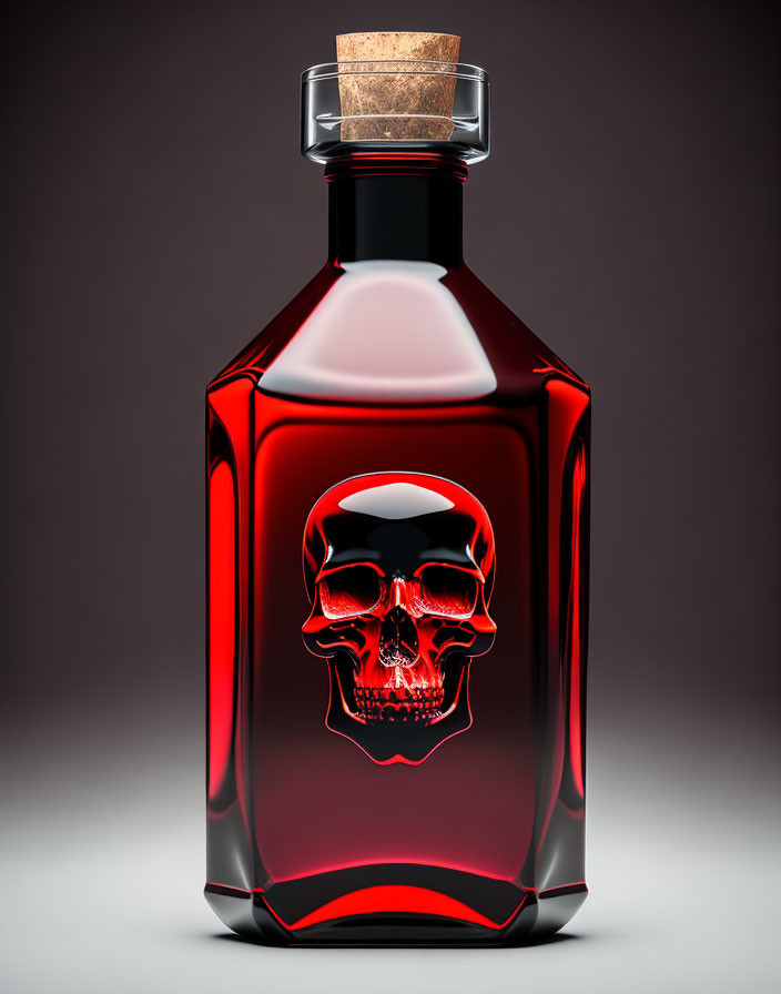 Red Glass Skull-Embossed Bottle with Cork Stopper on Gradient Background