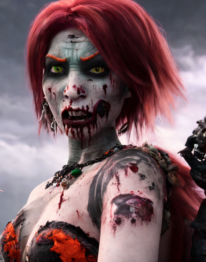 Female Orc with Red Hair, Green Skin, War Paint, Bloodstains, and Tribal Accessories