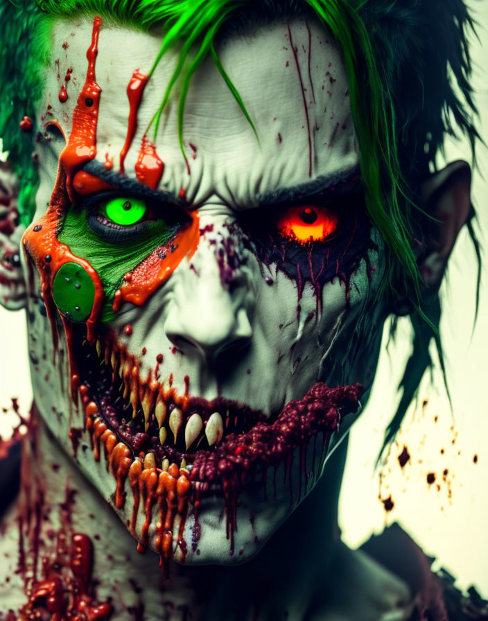 Menacing Joker-like figure with vibrant green hair and intense green & red eyes splattered with red and