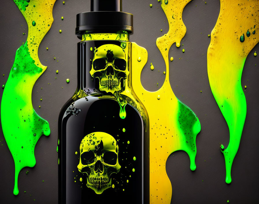 Skull design on black bottle with green and yellow splashes