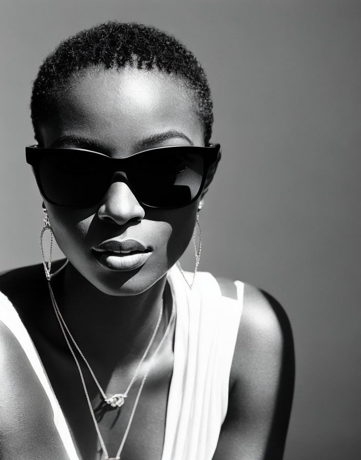 Monochrome portrait of stylish woman with short hair and accessories