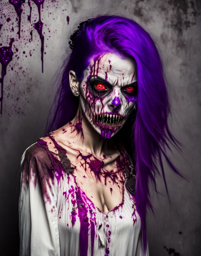 Skull makeup with red eyes, purple hair, and blood splatter on grey background