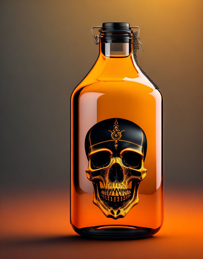 Amber liquid glass bottle with metallic skull emblem and clasp top