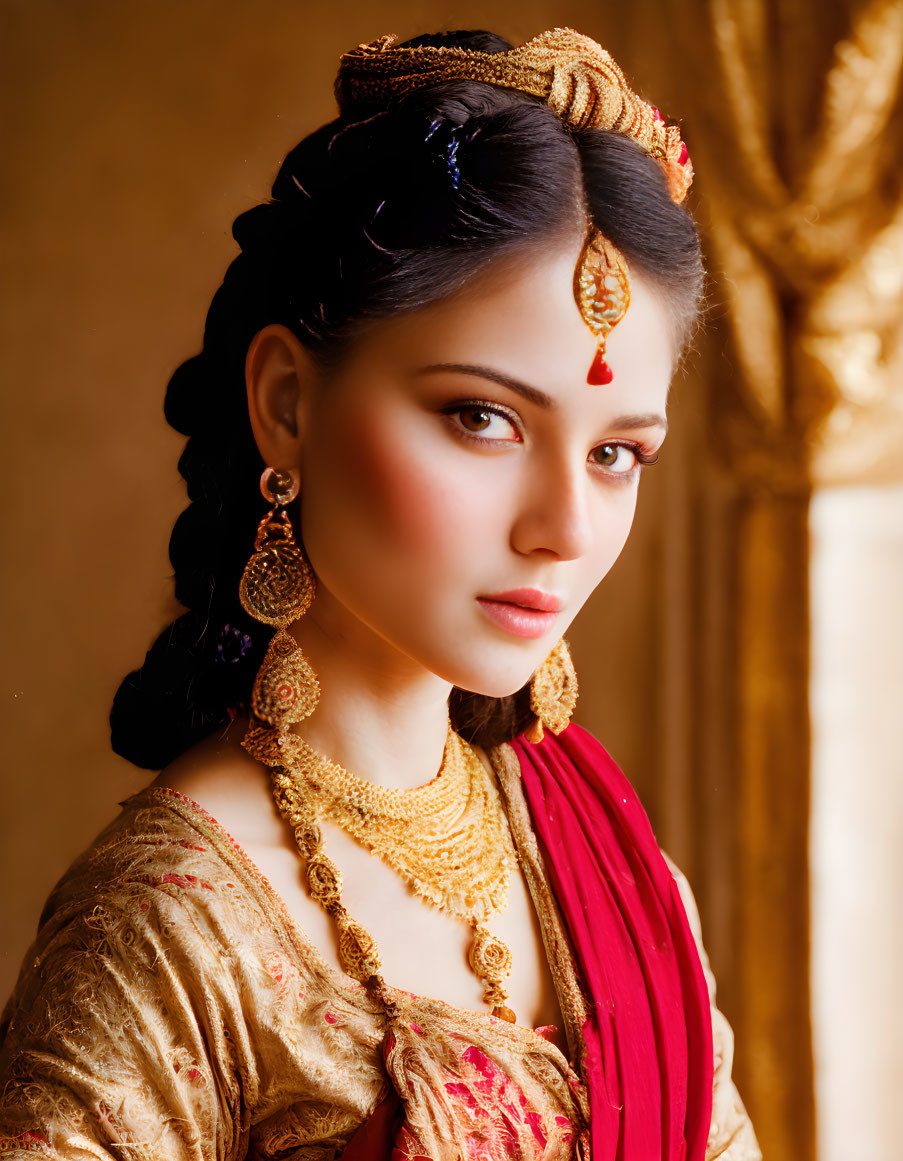 Traditional South Asian attire woman with red headpiece and gold necklace on golden backdrop