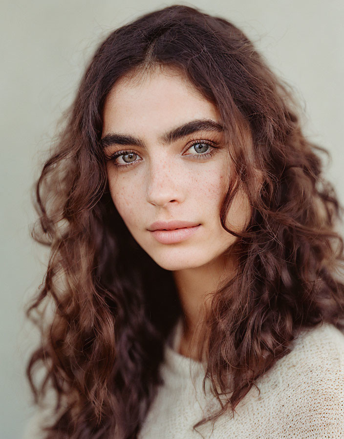 Portrait of Woman with Curly Brown Hair and Blue Eyes in Cream Sweater