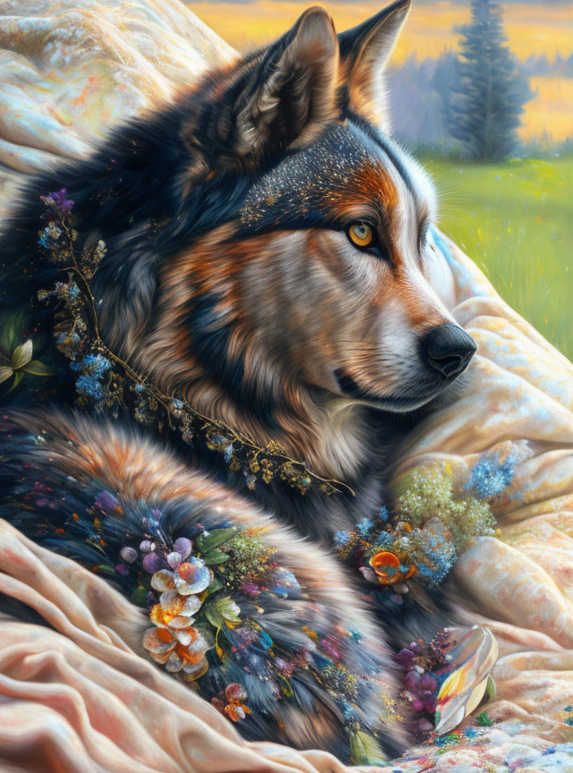 Colorful portrait of a adorned dog on draped fabric against nature backdrop