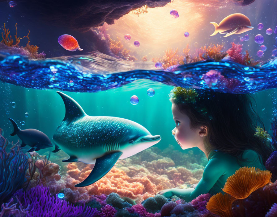 Girl and dolphin underwater with vibrant coral reefs and fish