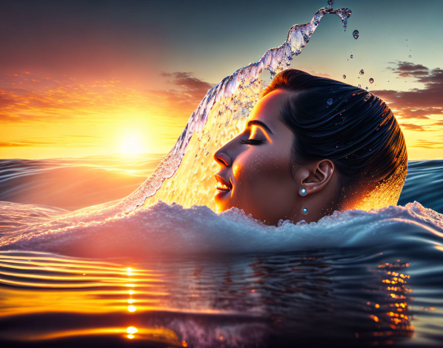 Profile of a woman in ocean waves at sunset with suspended water droplets