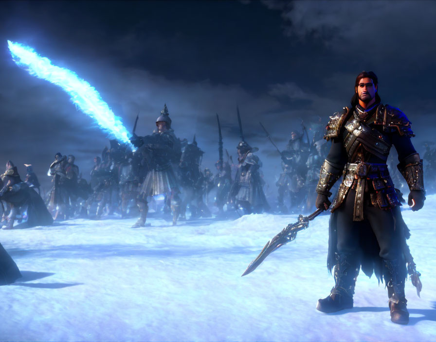 Glowing blue sword warrior on snow-covered battlefield