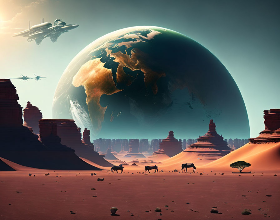 Futuristic desert landscape with elephants, trees, rock formations, spaceships, and oversized planet.