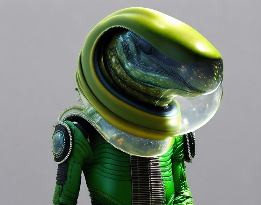 Detailed Digital Illustration: Alien with Green Skin Suit and Glass Helmet