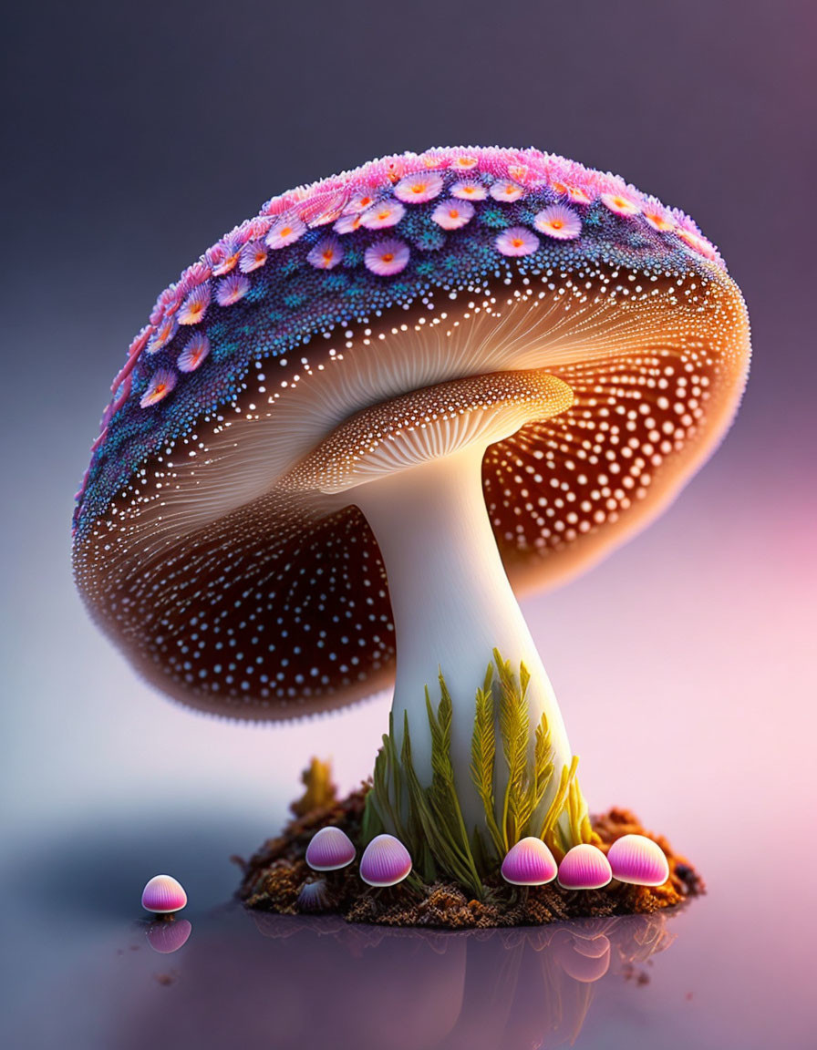 Colorful Fantastical Mushroom Artwork on Purple Background