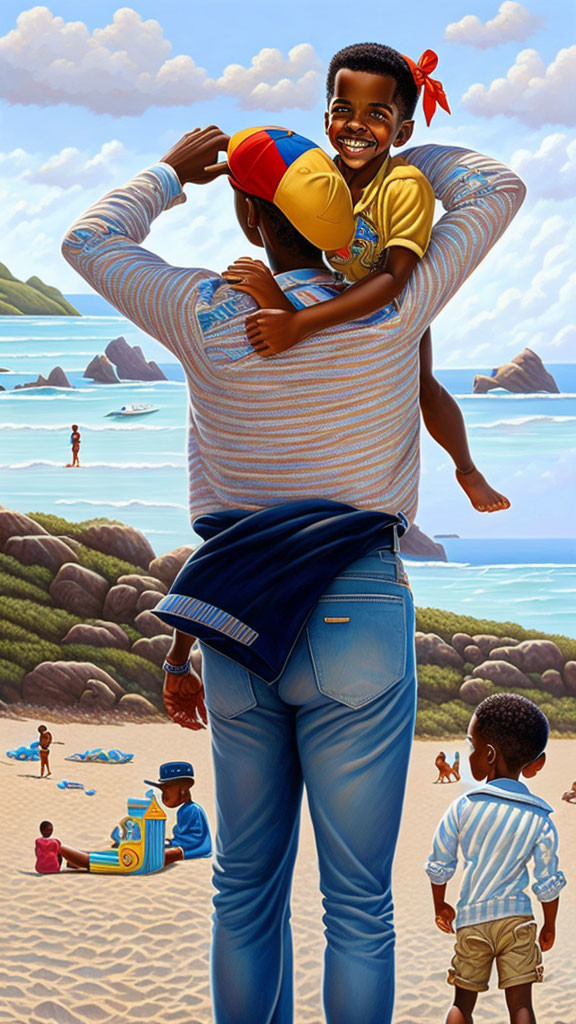 Man carrying child on shoulders at beach with smiling kids playing in sand.