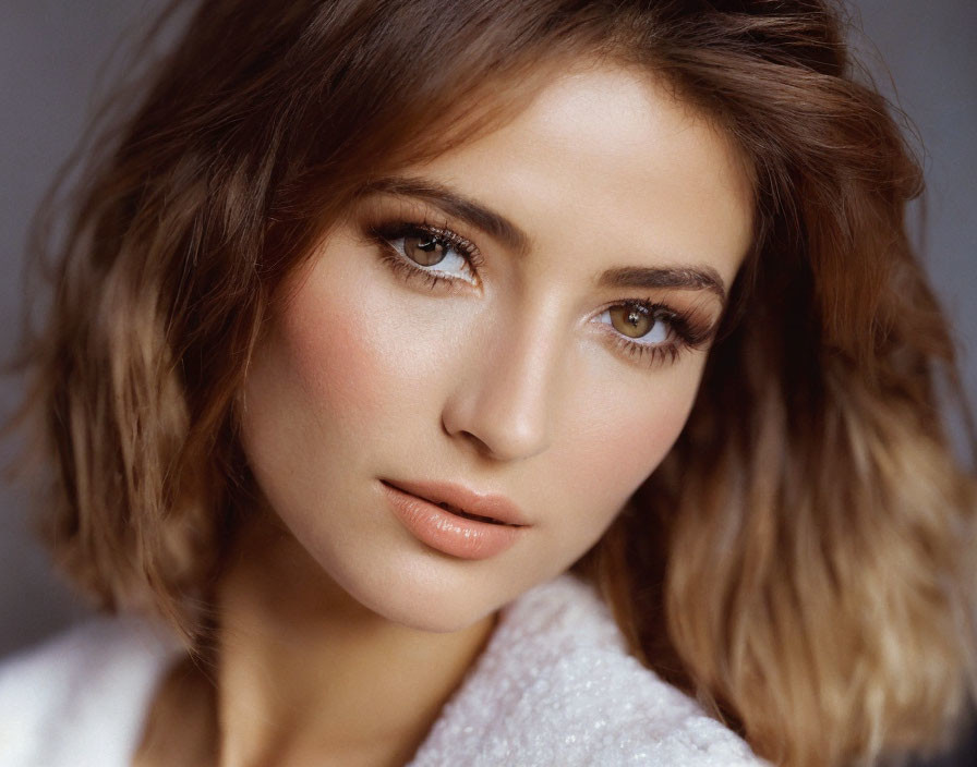 Portrait of woman with shoulder-length brown hair and hazel eyes in light-toned top