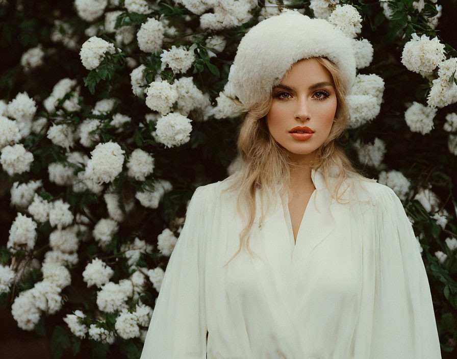 Blonde Woman in White Fur Hat and Blouse Among White Blooming Flowers