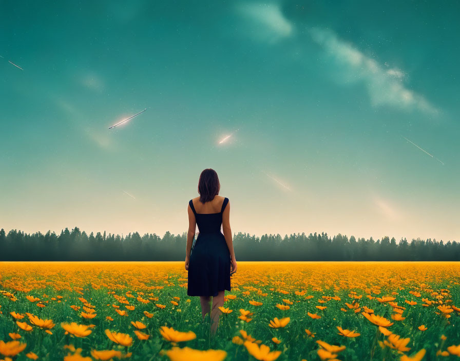 Woman in yellow flower field under night sky with shooting stars and aurora.