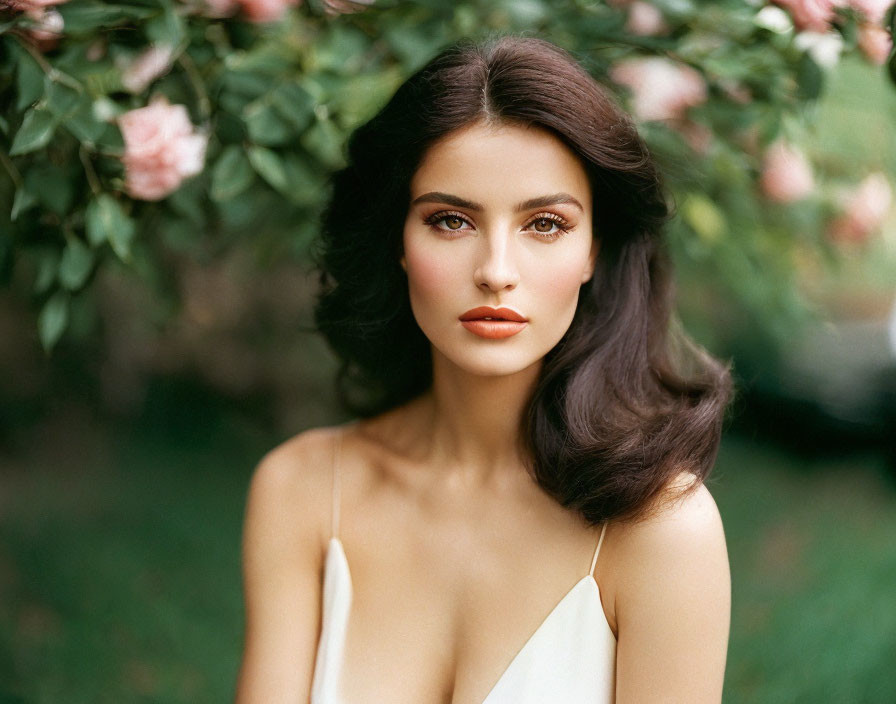 Dark-haired woman in red lipstick under blossoming tree