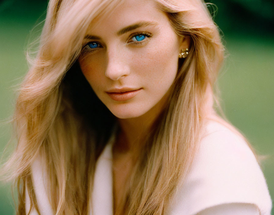 Blonde woman with blue eyes in front of green background