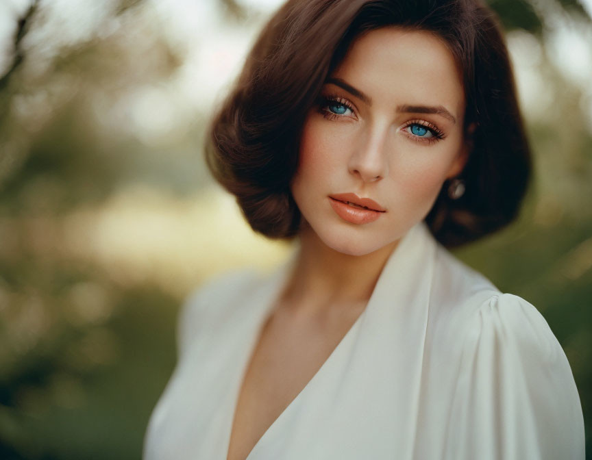 Woman with short brown hair and blue eyes in white outfit against blurred natural background