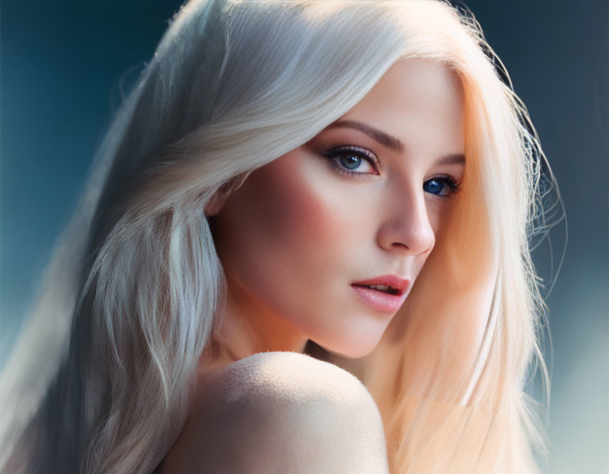 Platinum Blonde Woman with Soft Expression and Blue Background